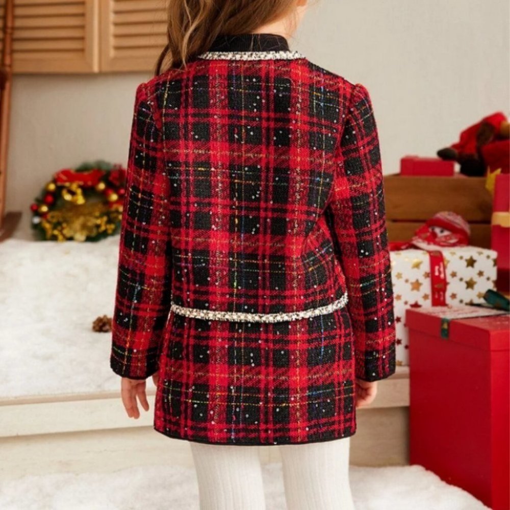 red plaid coord set jacket/ skirt with sequin bows - Picture 6 of 7
